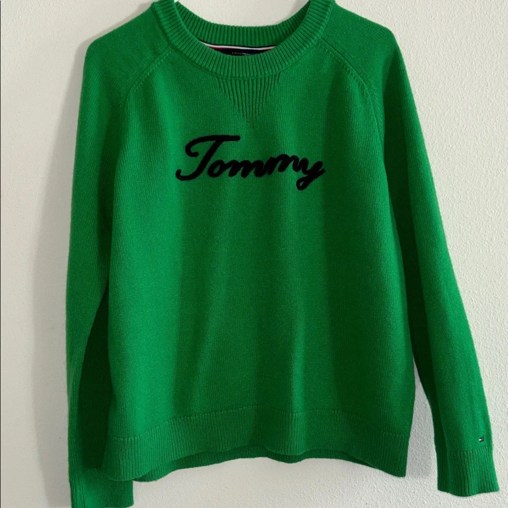 Tommy Hilfiger Green Crewneck Sweater with Black 'Tommy' Script - Picture 1 of 4